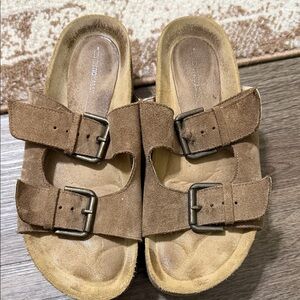 INTENTIONALLY BLANK Brown Suede Double-Buckle Platform Slide Sandals